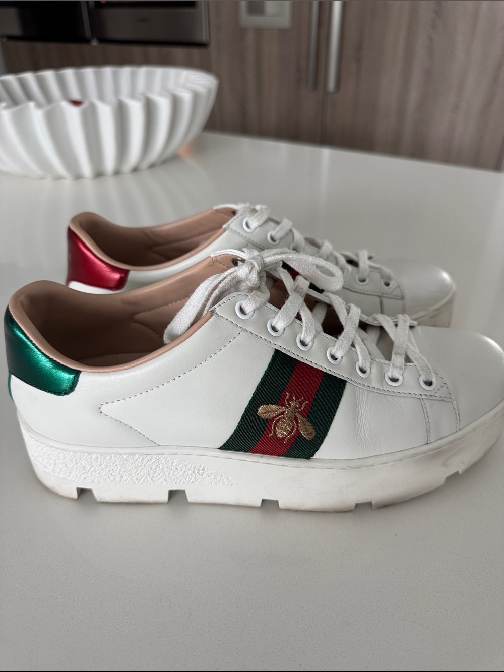 Gucci White Leather Sneakers with Green & Red Web and Gold Bee - Picture 5 of 9